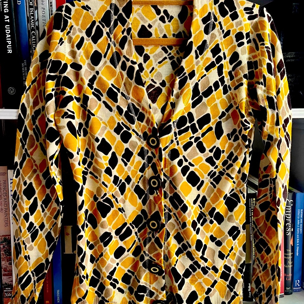 Tory Burch Print Cardigan Sweater 100% Merino Wool Buttons V-Neck S/M